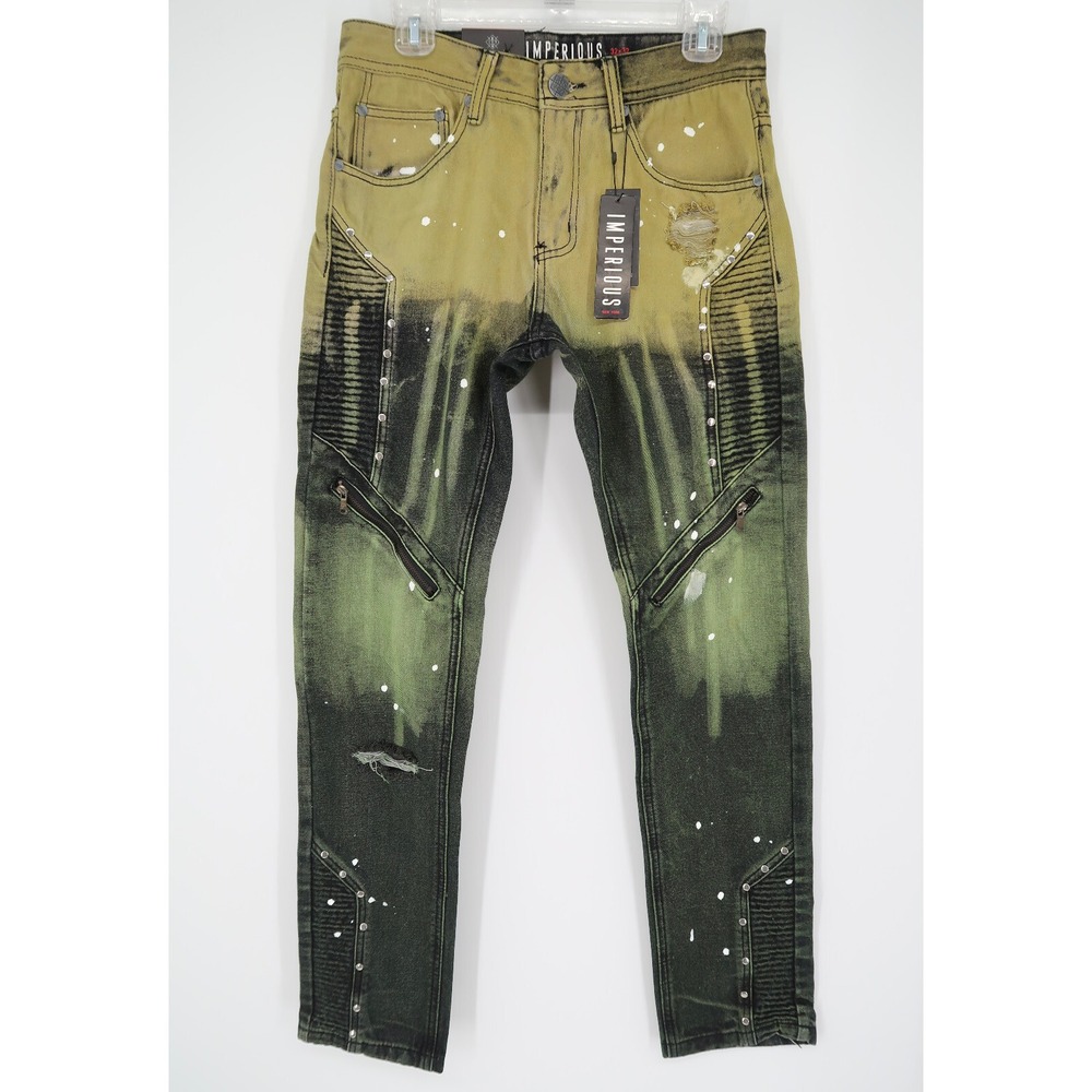 Imperious Mens 32x32 Slim Fit‎ Yellow Blue Distressed Acid Wash Jeans New 134729